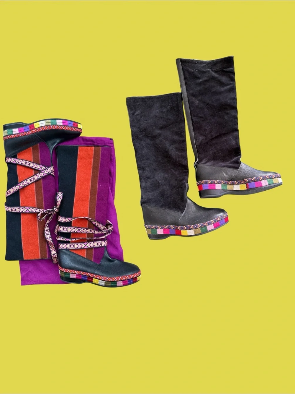 Etro Black Knee-High Wedge Boots with Multicolor Trim